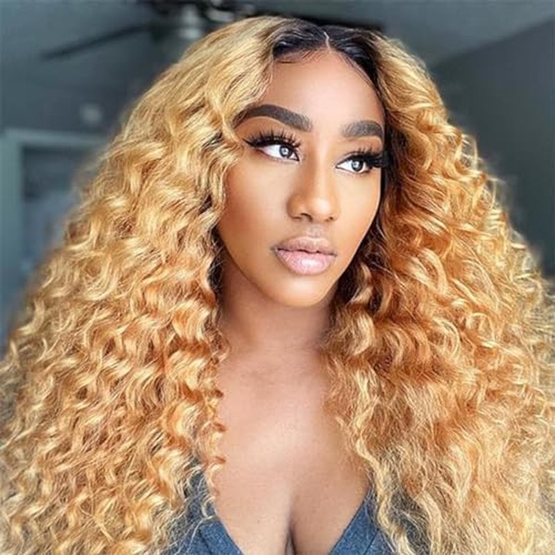 Curly Human Hair Wig Omber T 27 Lace Frontal Closure Deep Curly Human Hair Wig Pre Plucked Pre Cut Lace Frontal Closure Glueless Wigs Elastic Band 200% Density