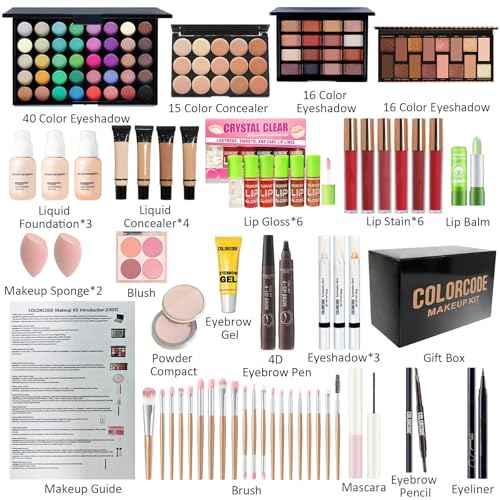 Makeup Set for Teens, All in One Makeup Kit for Women Full Kit with Eyeshadow Palettes Face Concealer Foundation Lip Stain Blush Eyebrow Pen Makeup Brushes, Beginner Friendly Make Up Sets (CK02)