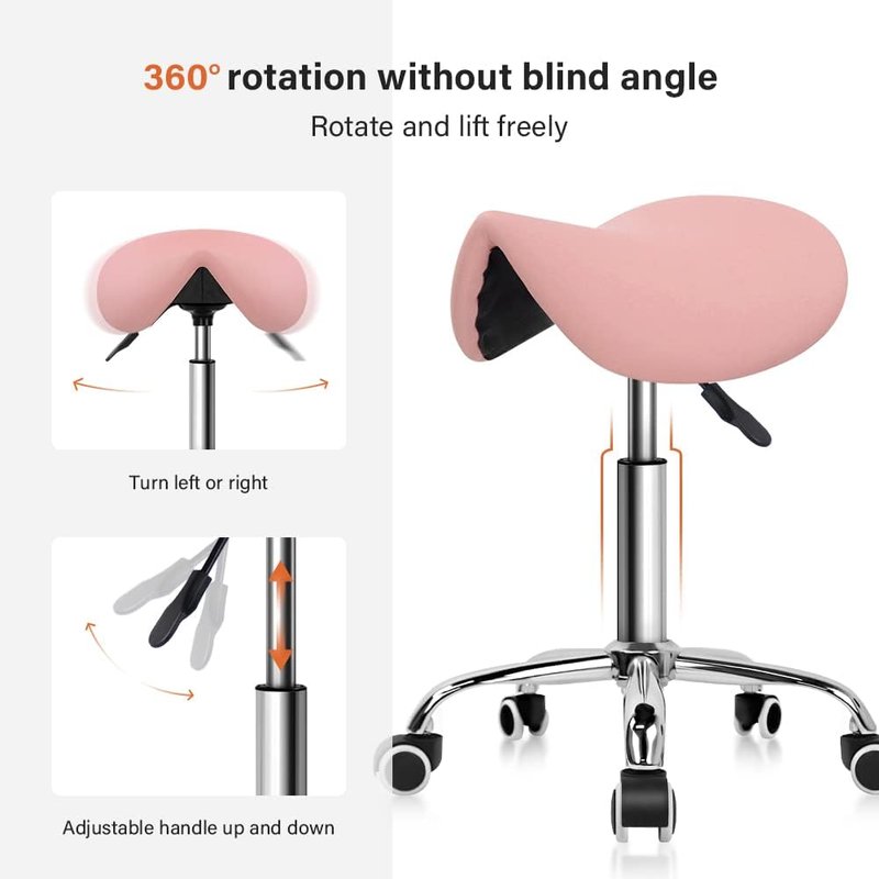 Adjustable Rolling Saddle Stool - PU Leather Swivel Salon Chair with Wheels | Pink
