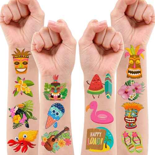Luau Temporary Tattoos 8 Sheets 99 PCS Hawaiian Party Decorations Favors Supplies Summer Tropical Theme Birthday Cute Stickers Christmas Gifts for Boys Girls Class School Prizes Carnival