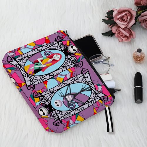 Portable Jack & Sally Themed Makeup Bag, Before Xmas Nightmare Cosmetic Bag, Jack Skellington & Sally Portable Travel Cosmetic Organizer- Cotton & Linen, Water-Resistant, 9.8x7 Inches
