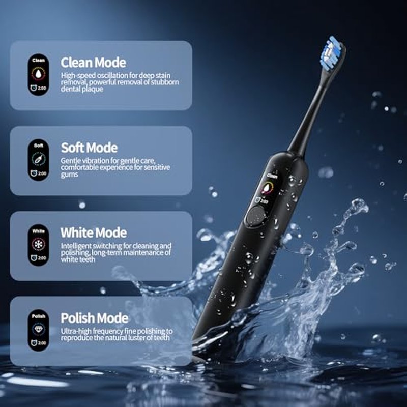 Sonic Electric Toothbrush for Adults: 38400 VPM Deep Clean with Smart Display, 6 Brush Heads, 4 Modes & 45-Day Battery, IPX7 Waterproof Rechargeable Toothbrushes Built-in Smart Timer for Home/Travel