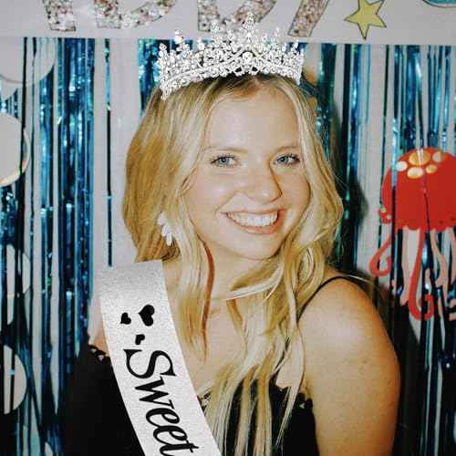 CURASA 16th Birthday Sash and Crown Silver Sweet 16 Sash 16th Birthday Tiara for Women Girls Sweet 16 Decorations Party Supplies