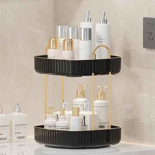 360¡Æ Rotating Makeup Organizer, Spinning Bathroom Organizer Countertop, Large Capacity Cosmetics Skincare Organizer for Bathroom Vanity Dresser Table (Black, 2 Tiers)