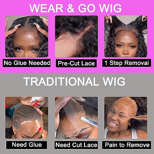 Wear and Go Glueless Wigs Human Hair Pre Plucked Pre Cut Lace Front Wigs for Black Women 180 Density Water Wave Bob Wig Human Hair Curly Wig (14 Inch)