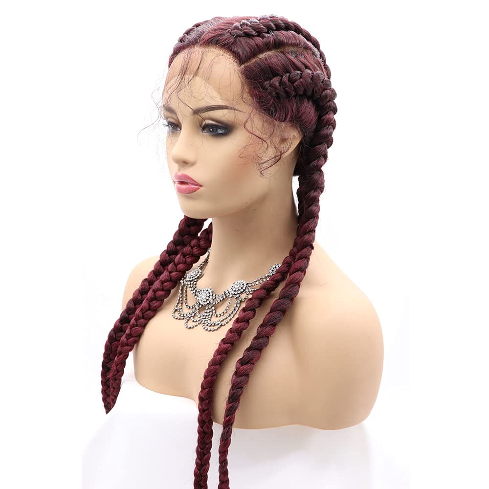 Natural-Looking Wine Red Lace Front Wig - 30 Inch Handmade Braided Wig for Women | Neatly Done Box Braids