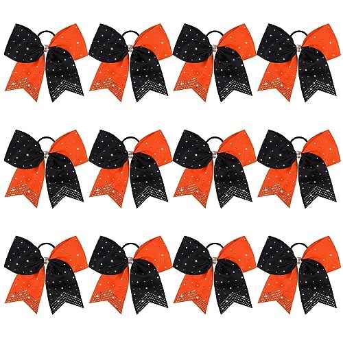 CEELGON Large Rhinestones Cheer Bows, 12 PCS Glitter 7" Cheer Bows Ponytail Holder for Cheerleaders Girls Softball Sports Competition (Orange/Black)