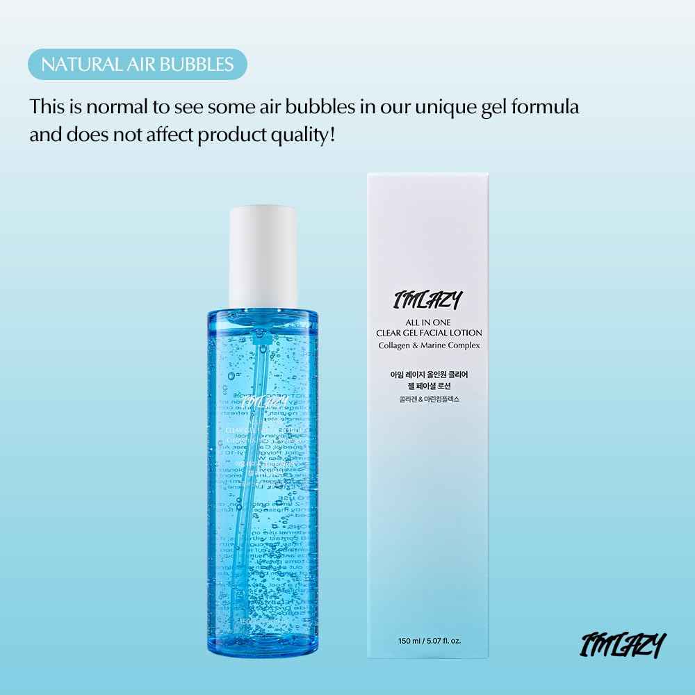 I'M LAZY All-in-One Clear Gel Facial lotion for Men and Women (5.07 fl oz) - Lightweight Non-Sticky Gel Moisturizer with Marine Complex & Hyaluronic Acid for Korean Skin Care