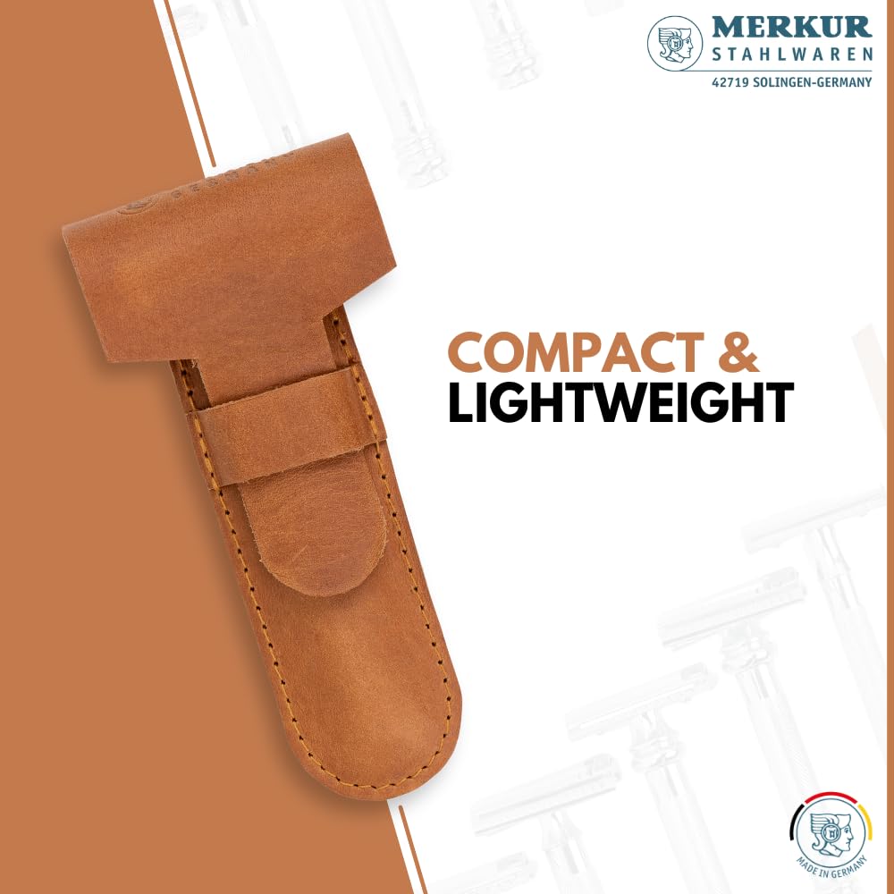 MERKUR Brown Leather Razor Case – Vegetable-Tanned Cowhide, Precision Fit for Safety Razors up to 110 mm, Protective Travel Cover, Made in Germany