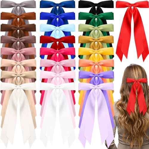 Mimorou 25 Pcs Silky Satin Hair Bows Bulk Bowknot Hair Ribbon Clips Barrettes Pins with Long Tails Ponytail Holder Accessories for Women