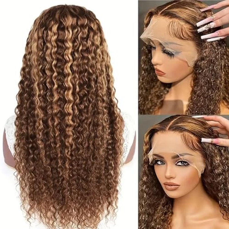 13x4 Highlight Ombre Deep wave Lace Front Wigs Human Hair for Black Women P4/27 Colored HD Transparent Honey Blonde Curly Lace Frontal Wigs Pre Plucked 180 Density with Baby Hair 28inch