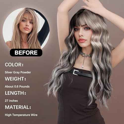 PARK YUN 27 Inch Long Wavy Synthetic Wig with Bangs Silver Grey Half Black Ombre Highlight Heat Resistant Glueless Natural Looking Wigs for Women Daily Party Halloween Christmas Cosplay Travel