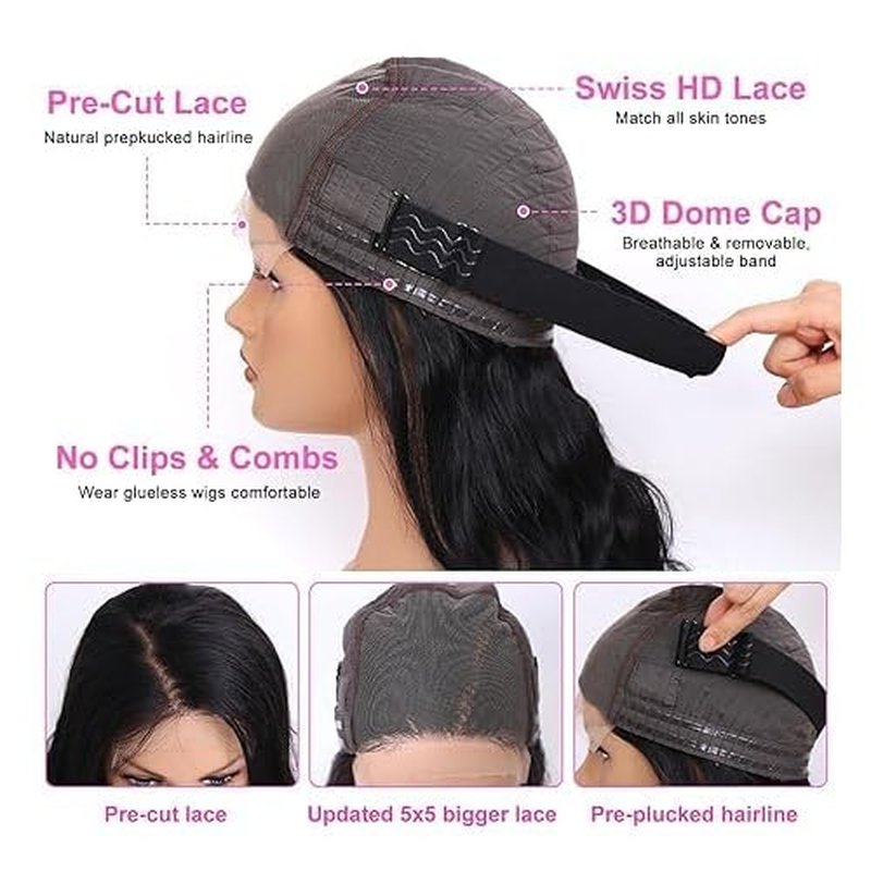 28 Inch Wear and Go Glueless Wig, Human Hair, 180% Density, 5x5 HD Lace Closure, Body Wave, Natural Black