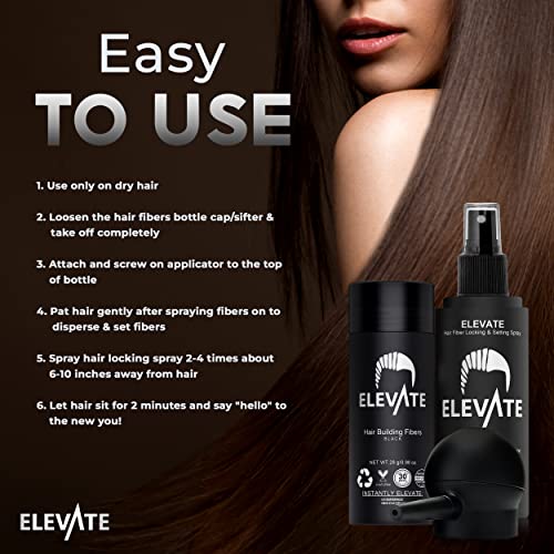 ELEVATE Hair Perfecting 3-in-1 Kit Set Includes Natural Hair Thickening Fibers & Spray Applicator Pump Nozzle & Locking Setting Hold Spray | Instantly Conceal Balding and Thinning Areas (Black)