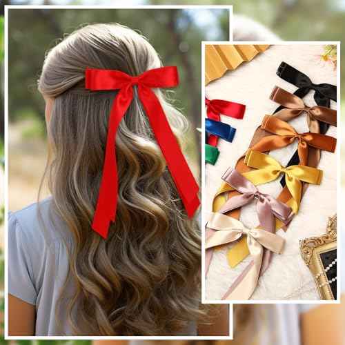 Mimorou 25 Pcs Silky Satin Hair Bows Bulk Bowknot Hair Ribbon Clips Barrettes Pins with Long Tails Ponytail Holder Accessories for Women