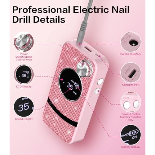 Professional Electric Cordless Nail Drill File with 11 Nail Drill Bits, 35000RPM DIY Glitter e Filer for Nails Kit Machine for Acrylic Nails Gel Polishing for Manicure Salon Home