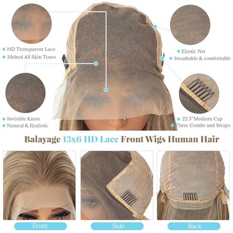 13x6 Ash Blonde Highlight Lace Front Wig Human Hair 20 Inch Straight Ash Brown to Blonde Balayage Wig Human Hair 180% Density Glueless Ombre Brown to Platinum Highlights HD Lace Wigs for Women
