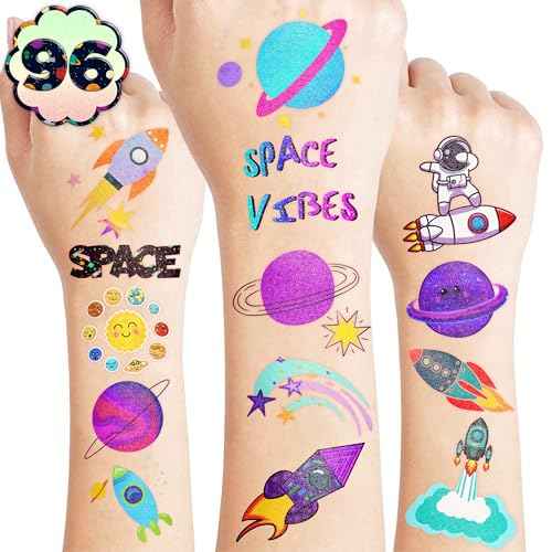 96PCS Galaxy Pre-Cut Temporary Tattoos for Kids - Outer Space Themed Birthday Party Supplies, Cute Stickers for Boys & Girls, Fun Party Favors, Classroom Prizes, Christmas Gifts