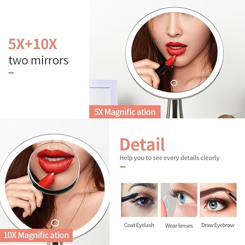 Surdy 9" Lighted Makeup Mirror, 5x/10x Dual Magnifying Mirror w/ 3 Color, Brightness Adjustable,360¡Æ Rotation, 4000 mAh Rechargeable, Women Gift, Vanity Mirror