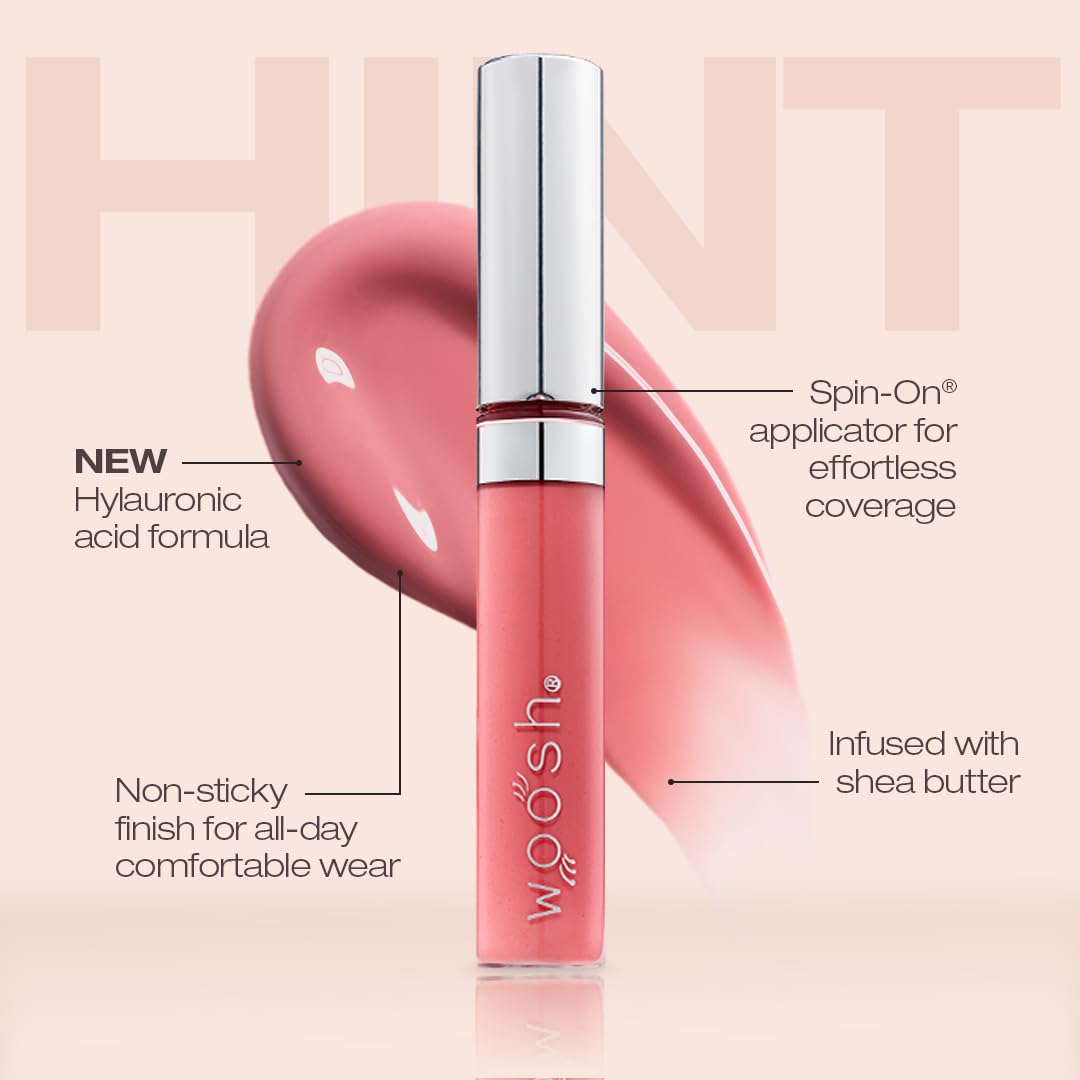 Woosh Beauty, Spin-On Lip Gloss, Hydrating Hyaluronic Acid & Shea Butter, No Fine Lines, Shine Finish, Vegan & Cruelty-Free