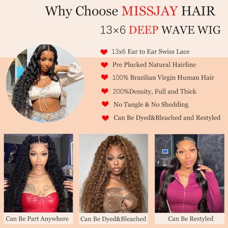 MISSJAY Deep Wave Lace Front Wig Human Hair 13x6 Lace Frontal Wigs 200% Density Glueless Brazilian Virgin Human Hair Wig Deep Curly Wigs Pre Plucked for Black Women 24 Inch