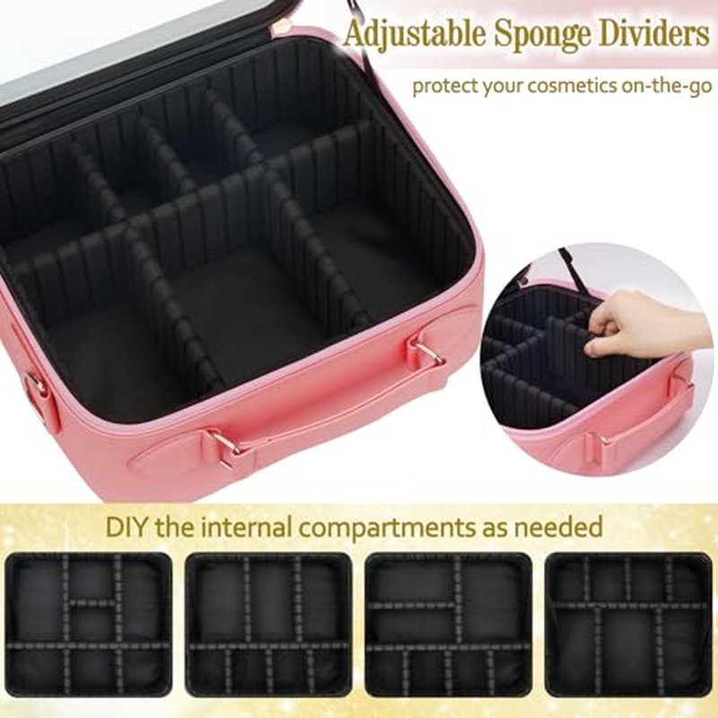Travel Makeup Bag with Light Up Mirror,Makeup Travel Case with adjustable dividers,Waterproof Makeup Train Case,lighted Makeup Case with Detachable Mirror
