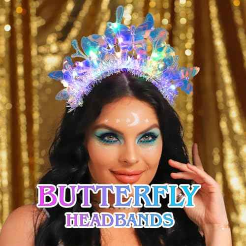 JONKY Light Up Butterfly Headband Glowing Mermaid Hair Band Rave Costume Hair Accessories for Women