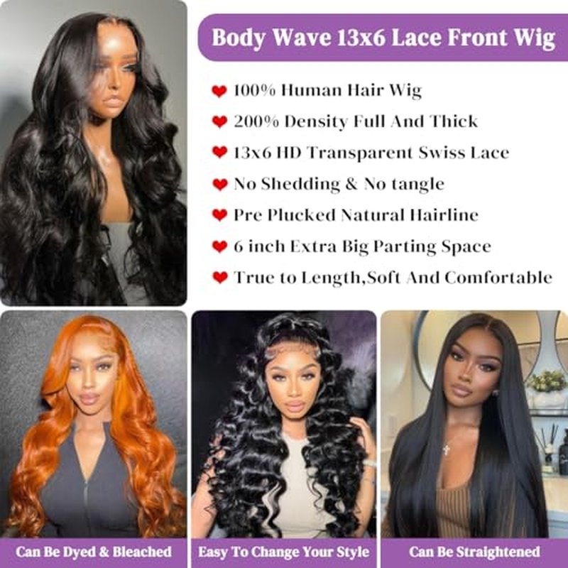 Human Hiar Wig 13x6 HD Lace Front Wigs Human Hair 200 Density Body Wave Wig Brazilian Virgin Wigs Glueless Lace Frontal Wig for Women Natural Black Pre Plucked with Baba Hair 24 Inch