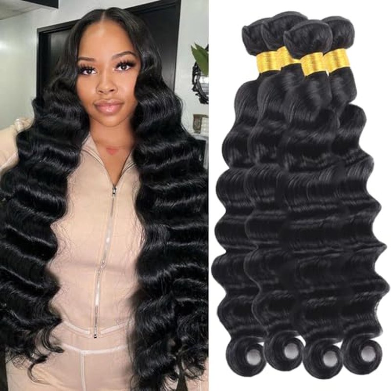 Loose Deep Wave 4 Bundles Human Hair(14 16 18 20 Inch)12A Grade 100% Unprocessed Human Hair Bundles Brazilian Loose Deep Wave Bundles Human Hair for Black Women Natural Color