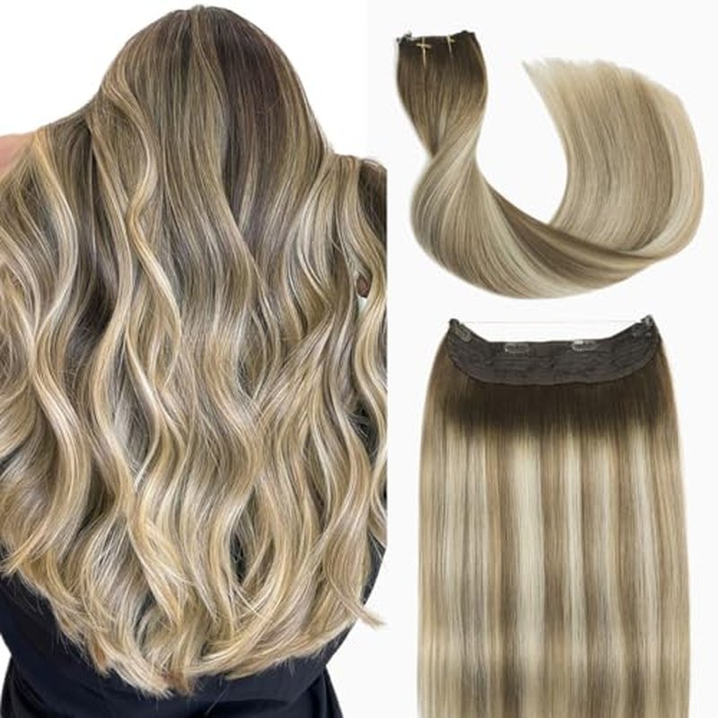 Sindra Wire Hair Extensions Human Hair Balayage Walnut Brown to Light Brown With Blonde Fishing Line Extensions 22Inch 85g Remy Invisible Wire W22#3/8/22