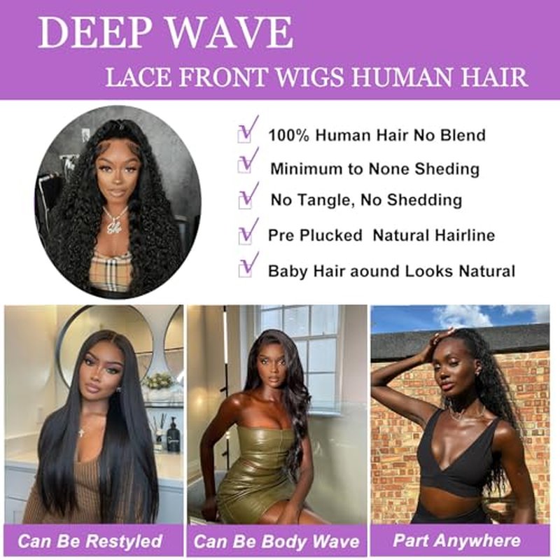 22 Inch Deep Wave Lace Front Wigs Human Hair 13x6 HD Real Human Hair Wig 12A Natural Black Glueless Curly Wig Human Hair Pre Plucked for Women Invisilbe Hairline Tiny Knots 200 Density Longer Life