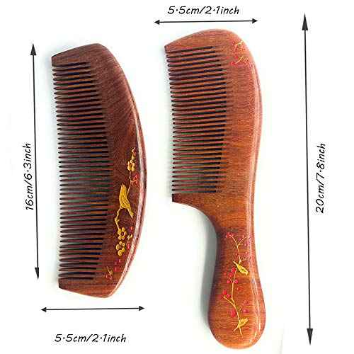 Handmade Wooden and Natural Sandalwood Combs Set - Detangling Fine Tooth Comb with Handle for Women, Anti Static Moon Shape Comb for Straight, Wavy, Dry, Thick or Fine Hair