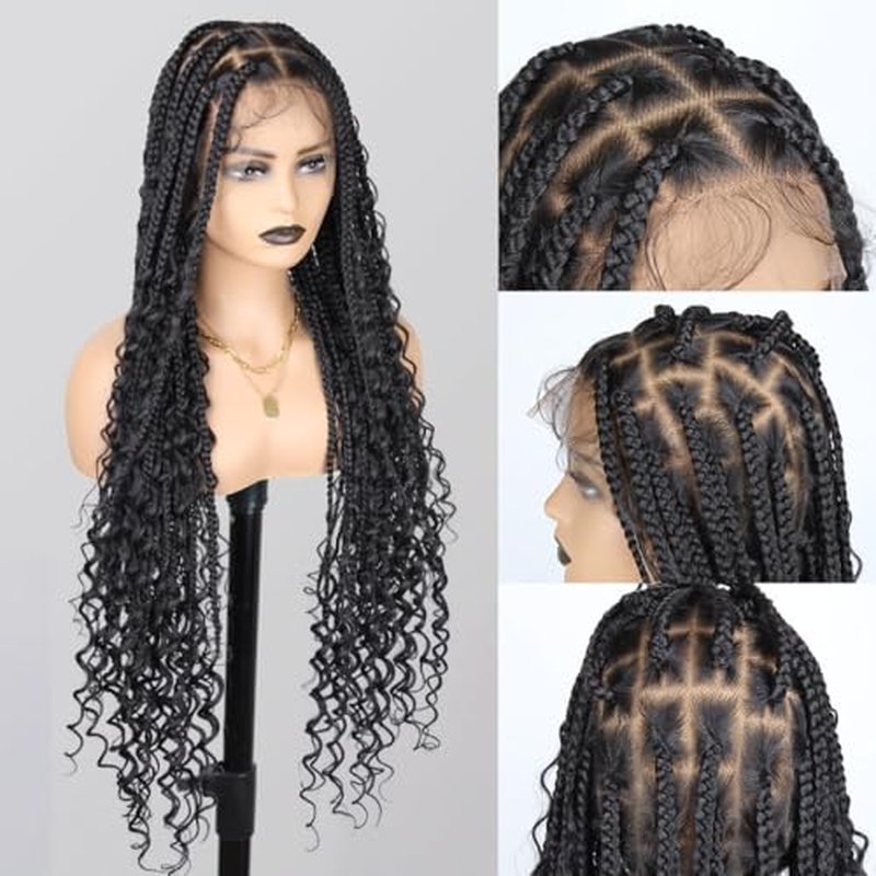 36 Inch Full Lace Boho Braided Wigs for Black Women, 360¡Æ HD Single-layer Square Knotless Box Braid Wig with Baby Hair Handmade Synthetic Hair Blended Lace Front Wig Natural Black
