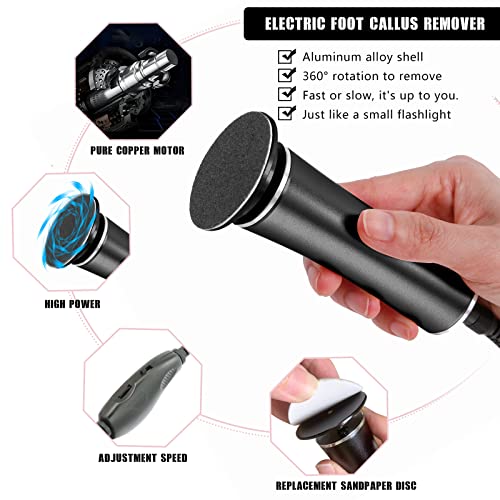 Electric Foot File Callus Remover Professional Foot File Pedicure Tools Adjustable Speed 60pcs Replacement Sandpaper disc Easy to Remove Cutin Dead Skin calluses(Black 60pcs)