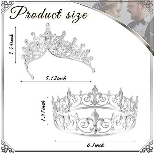 Junkin 2 Pcs Prom King and Queen Crowns for Men Women Baroque Queen King Prince Tiara Princess Crystal Headband for Halloween Wedding Birthday Grad Rhinestone Prom Party(Silver)