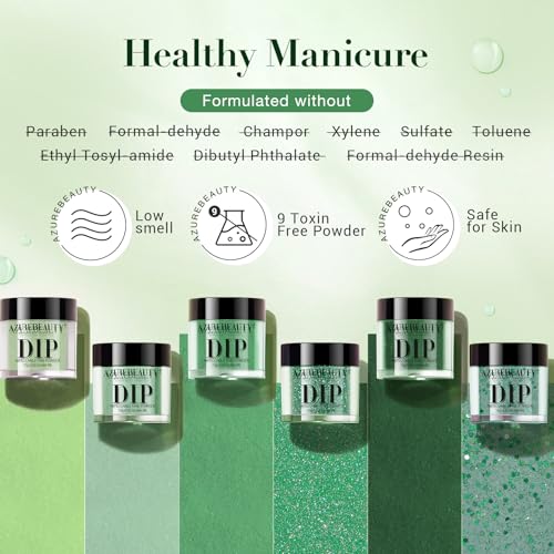 AZUREBEAUTY St. Patrick's Evergreen Dip Powder Nail Kit, 6 Colors Glitter Green Sparkle Forest Dark,Dipping Powder Color French Nail Art Manicure DIY Salon Gifts for Women, No Need Nail Lamp Cured