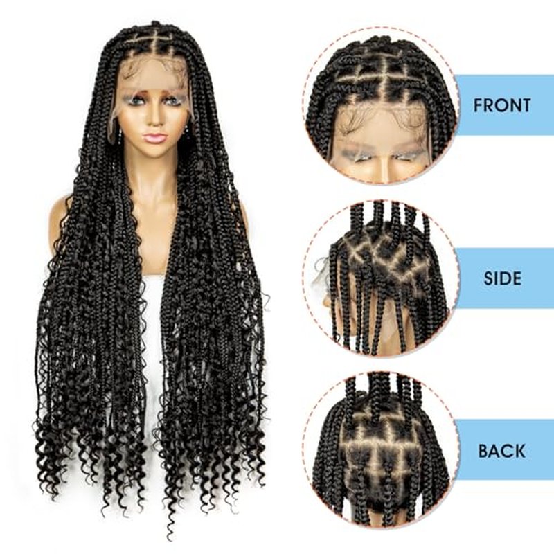 Braided Wigs for Black Women Full Lace Knotless Box Braided Wavy Wave Loc Wig Synthetic Lace Front Braided Wigs with Baby Hair Handmade Faux Locs Wig