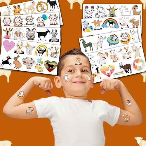 Goat Temporary Tattoos 8 Sheets 80 PCS Farm Goat Party Decorations Supplies Favors Animals Theme Birthday Cute Stickers Christmas Gifts for Boys Girls Class School Prizes Carnival