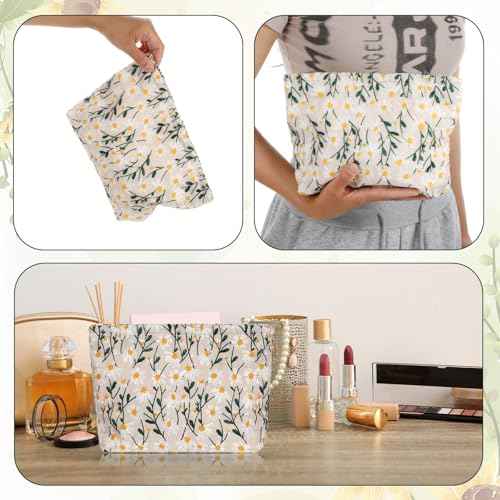 Cosmetic Bags Embroidery Daisy Flower Makeup Bag Large Travel Canvas Make Up Organizer Tool Pouch Cute Floral Cosmetic Bag Portable Purse Zipper Storage Toiletry Essential Pouch for Women Girls Gifts