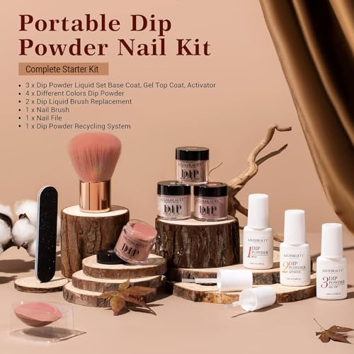 AZUREBEAUTY Dip Powder Nail Kit Starter, Fall 4 Colors Skin Nude Brown Glitter, Acrylic Dipping Powder Liquid Set with Base/Top Coat Activator for Daily French Nail Art Manicure DIY Gift 12 Pcs