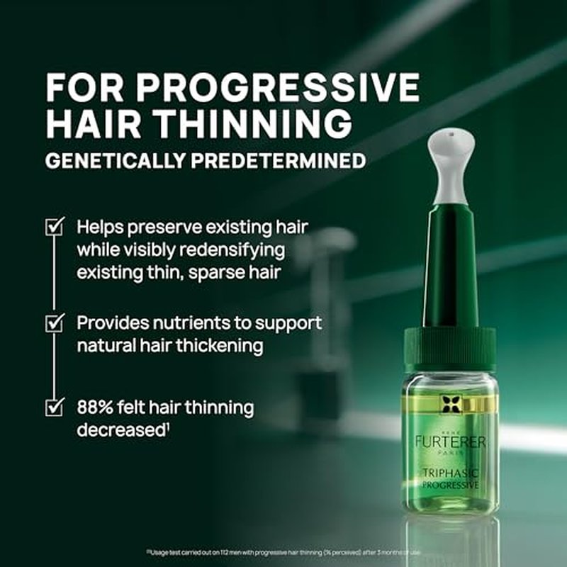Rene Furterer Triphasic Progressive Concentrated Serum for Hereditary, Hormonal Thinning Hair - Drug-Free - Receding Hairline - Leave-In - Sulfate, Paraben, Silicone-Free - 8 ct., 30-Day Supply