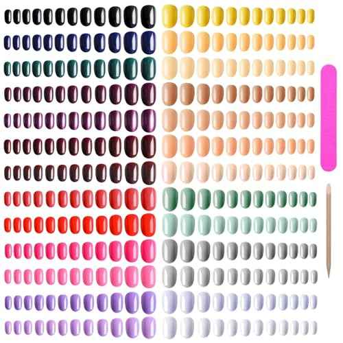 EBANKU 960pcs Short Colorful False Nails for Women Oval Press on Nails Glossy Acrylic Full Cover Artificial Fake Nail Tips with Nail File Nail Stick