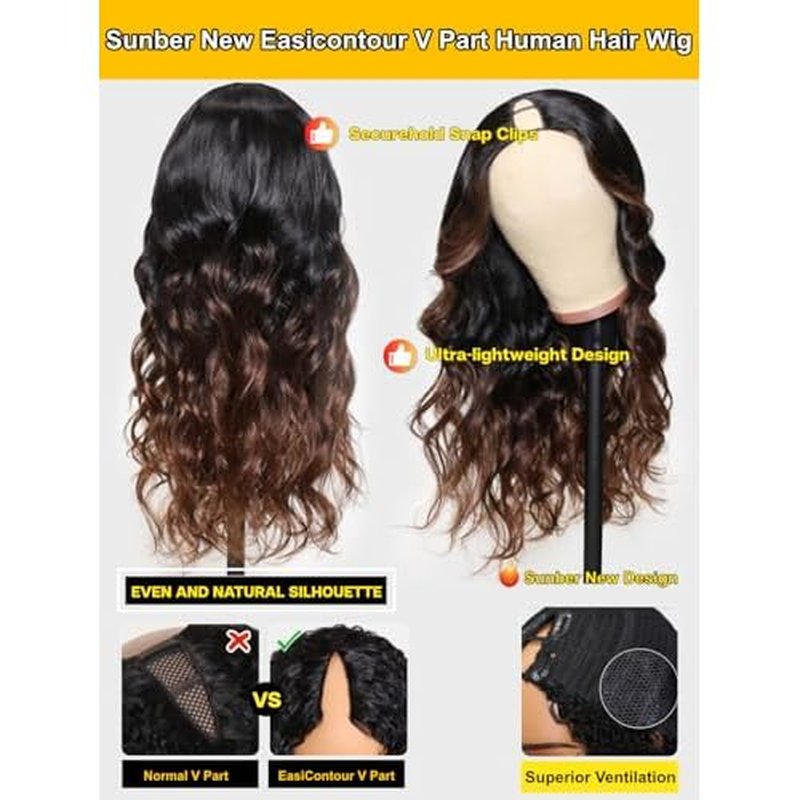 Sunber EasiContour V Part Human Hair Glueless Ombre Chestnut Brown Body Wave Wig Upgrade Vpart Wigs 180% Density No Leave Out No Gel V Shape Clip No Sew in Beginner Friendly Put On and Go 16Inch