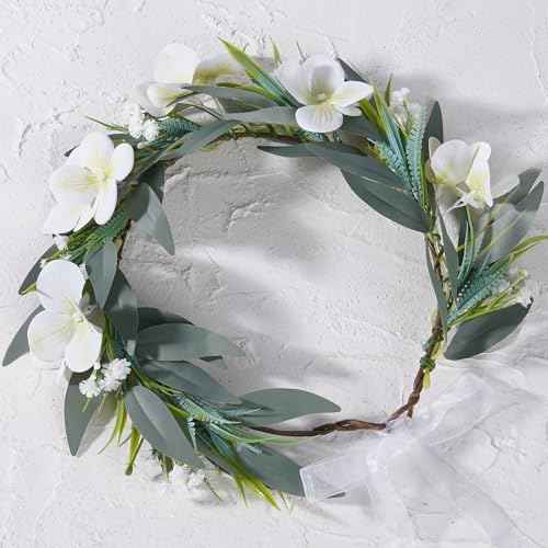 White Flower Crown Headband, Artificial Fairy Flower Headband with Green Leaf, Bridal Boho Floral Headpiece for Women Girls Maternity Birthday Wedding Festival Renaissance Hair Accessory