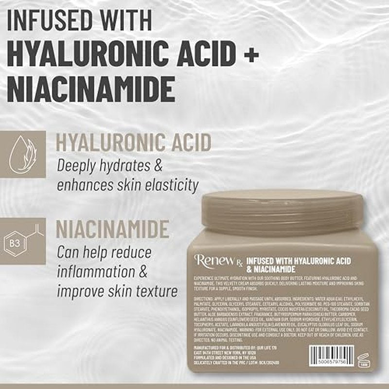Hyaluronic Acid + Niacinamide Body Butter for Dry Skin ? Deep Hydrating Skin Care, Skin Perfecting Vegan Skincare, 16 oz