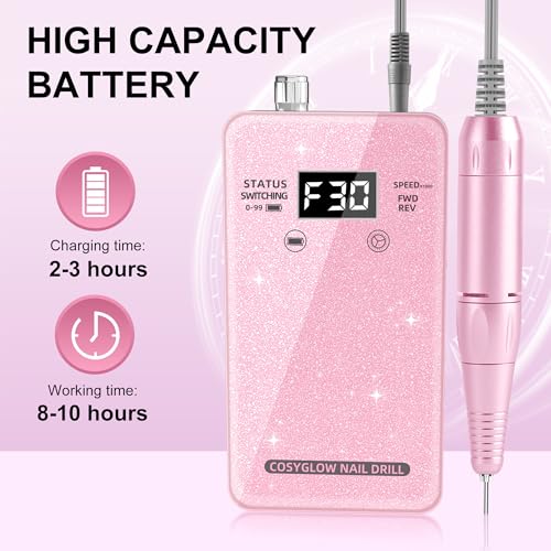 Professional Electric Nail Drill File:COSYGLOW Glitter Portable Cordless E-File Nail Drill Kit with 11 Drill Bits,30000 RPM Rechargeable Nail Drills Machine for Acrylic Nails Gel Polishing (Pink)