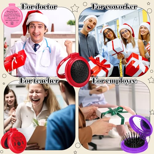 Thyle 12 Pcs Christmas Team Appreciation Gifts for Employee Inspirational Folding Travel Hairbrush with Mirror Bulk Handheld Mirror Hair Brush Thank You Gift for Xmas Women Coworker Staff Nurse