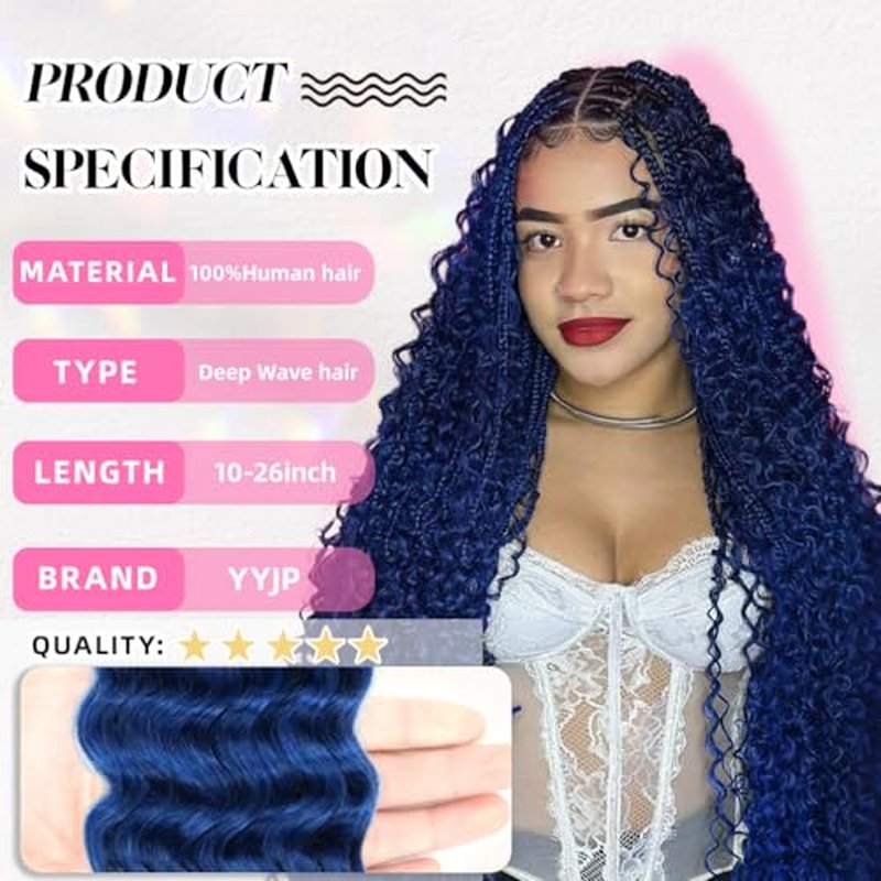 18 Inch Deep Wave Human Braiding Hair for Boho Braids ? 120g 3 Bundles/Pack Blue 100% Unprocessed 12A Brazilian Virgin Human Hair Bulk, No Weft, Wet & Wavy Curly Extensions