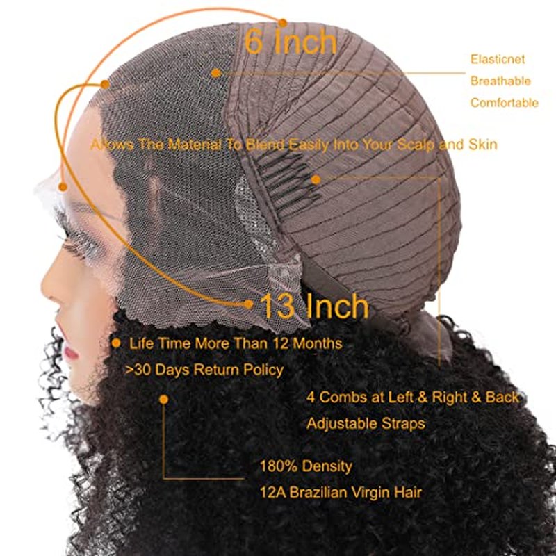 Kinky Curly Lace Front Wig 13x6 HD Lace Front Kinky Curly Wig for Women 180% Density Pre Plucked With Baby Hair Afro Kinky Curly Human Hair Wig 20Inch Kinky Curly HD Lace Front wig