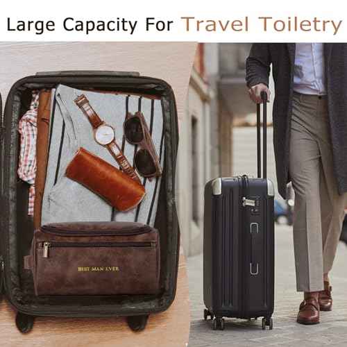 Flycalf Mens Toiletry Travel Bag Customized Mens Leather Toiletries Grooming Bag for Men Shaving Bag Hanging Water Resistant Organizer (Brown)